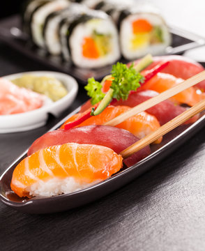 Delicious sushi salmon rolls