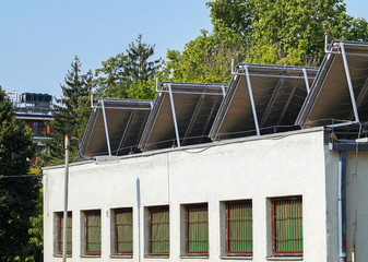 Solar panels on the roof of a building rear view