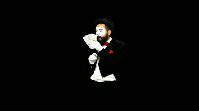 Funny man mime counts money and hides it, alpha channel