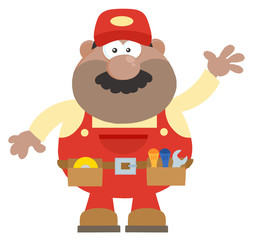 African American Mechanic Character Waving For Greeting