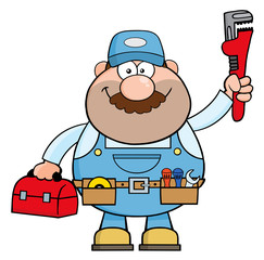 Handyman Cartoon Character With Wrench And Tool Box