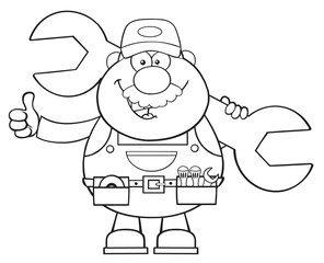 Black And White Mechanic Holding Huge Wrench