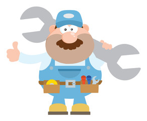 Mechanic Character Holding Huge Wrench And Giving A Thumb Up