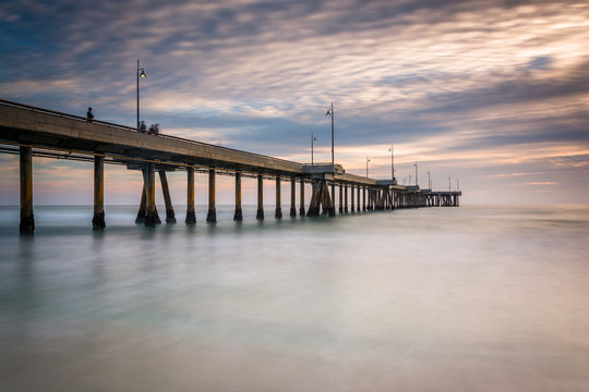 Long exposure of the pier at sunset, in Venice Beach, Los Angele