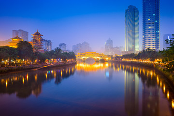 Chengdu, China Jin River Cityscape and Anshun Bridge