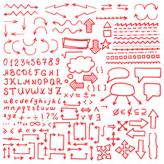 Huge set of red hand drawn arrows and lines