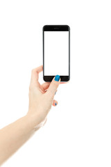 Woman showing smart phone with isolated screen