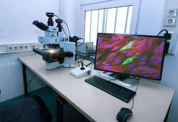 Modern microscope station in research facility