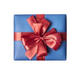 Blue gift box with red ribbon bow