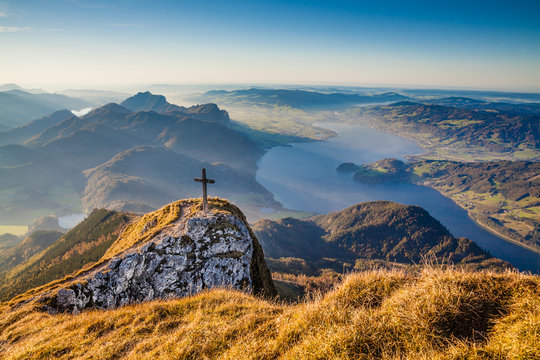 Autumn landscape in the Alps in golden evening light