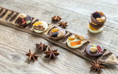 Swiss chocolate candies with nuts and dried fruits