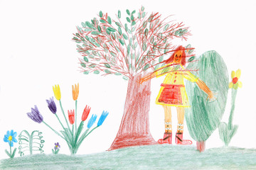 Kinderzeichnung - Im Frühlingsgarten