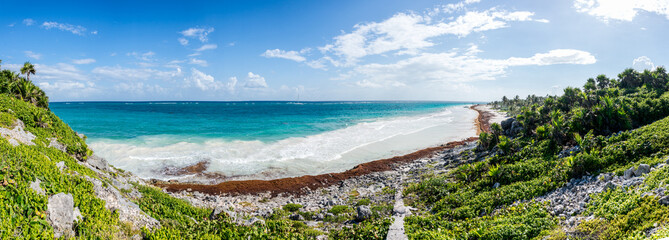 Panorama of Tulum beach view, caribbean paradise, at Quintana Ro