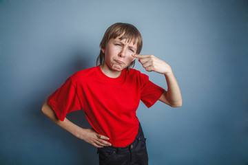 Fototapeta premium boy, teenager, twelve years in red shirt, nose pimple problem s