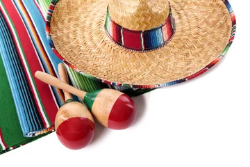 Poster Mexican blanket or rug maracas and sombrero isolated on white background Mexico holiday vacation fiesta photo © david_franklin