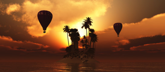 sunset and hot air balloon