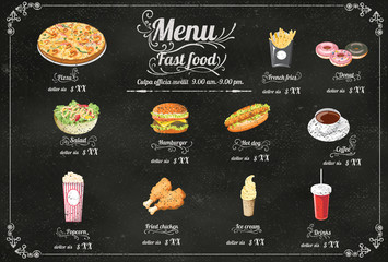 Restaurant Fast Foods menu on chalkboard vector format eps10 - obrazy, fototapety, plakaty