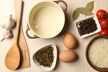 Food ingredients and kitchen utensils for cooking