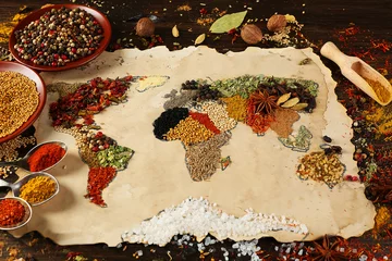 Papier Peint photo Lavable Herbes Carte du monde faite de différentes sortes d& 39 épices