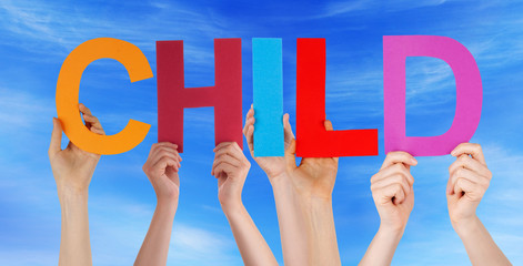 Many People Hands Holding Colorful Straight Word Child Blue Sky