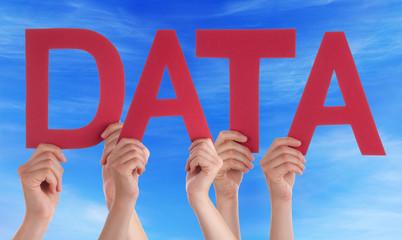 Many People Hands Holding Red Straight Word Data Blue Sky