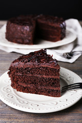 Delicious chocolate cake in white plate