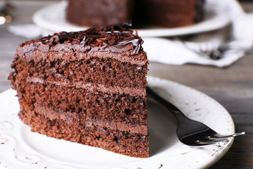 Delicious chocolate cake in white plate