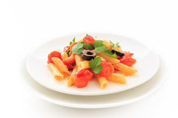 Penne with tomato sauce and black olive