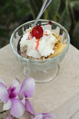 Ice cream mix chocolate strawberry  and banana ,cherry fruit
