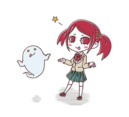 おどける女子学生とお化け
