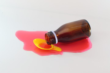 Bottle pouring Medicine Syrup in Spoon