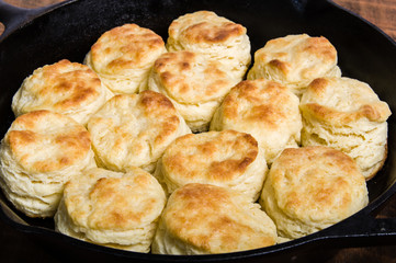 Fresh biscuits baked in a cast iron skillet
