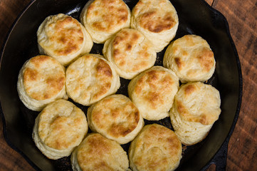 Fresh biscuits baked in a cast iron skillet