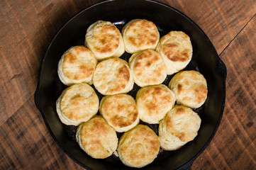 Fresh biscuits baked in a cast iron skillet