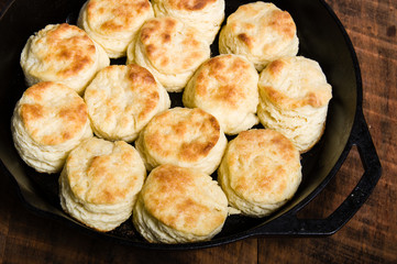 Fresh biscuits baked in a cast iron skillet
