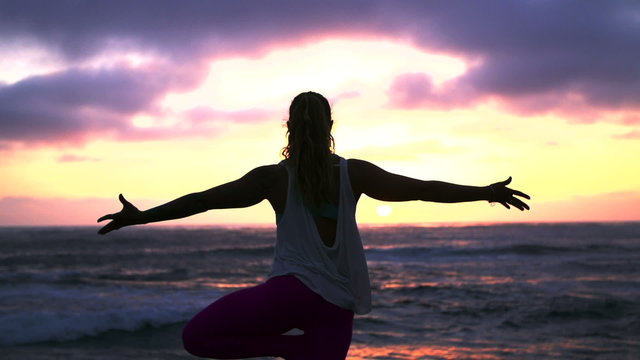 Slow Motion Happy Woman Doing Success Yoga  Pose At Sunset