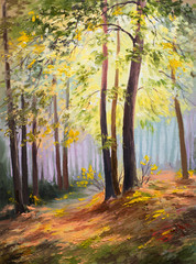 Plakaty  spring landscape, trees in the forest, colorful oil painting