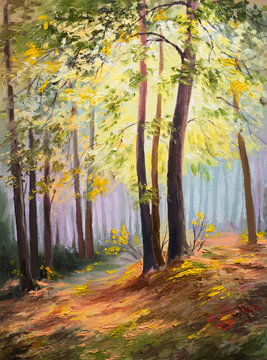 spring landscape, trees in the forest, colorful oil painting