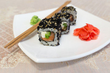 Sushi rolls,wasabi and ginger on  plate