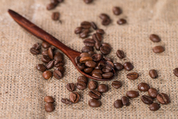 Roasted coffee beans in wooden spoons on burlap