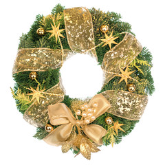 Christmas wreath with golden decorations on white background © tilialucida