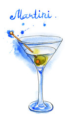 Martini Glass  with Green Olive Isolated on White Background