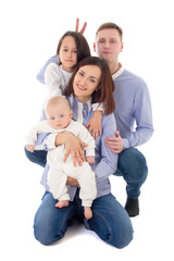 father, mother, daughter and son sitting isolated on white