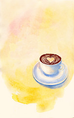 Obraz na płótnie Canvas Yellow watercolor template background with a cup of coffee