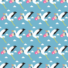 Stork carrying child pattern background