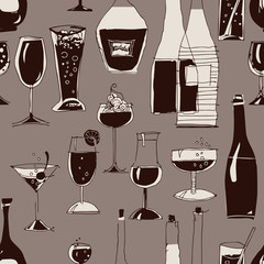 Seamless Pattern of Glasses and Bottles