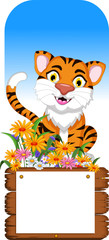 cute tiger cartoon with blank board