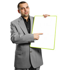 happy businesswoman holding blank white card