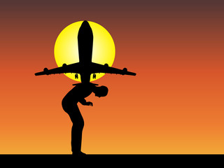 Fototapeta na wymiar Man silhouette with plane at sunset