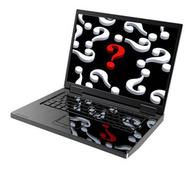 Laptop with question marks on the screen isolated over white.